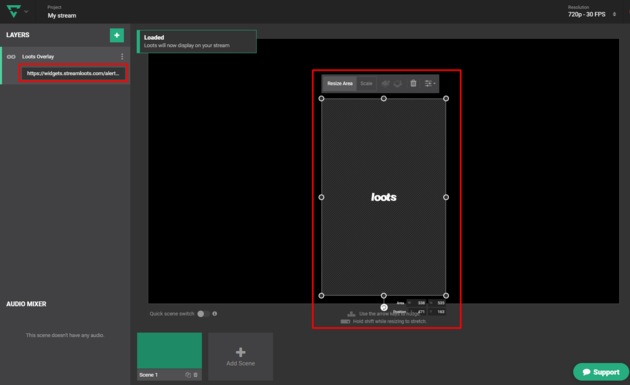 Ingresar url de streamloots y configurar el tamaño del overlay