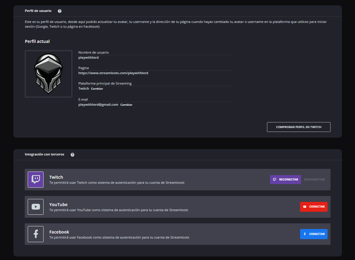 Página de perfil con el botón para comprobar los cambios del perfil de Twitch y, debajo, el botón Reconectar junto a Twitch