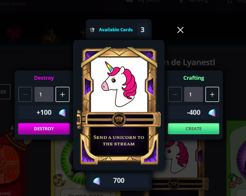 Crafting mode screen for crafting or destroying a specific card