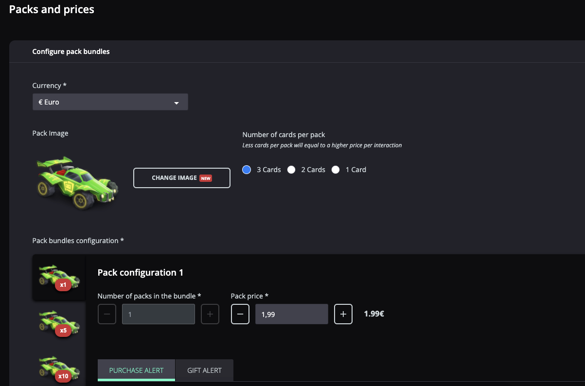 Packs and prices page with the currency, pack image, number of cards per pack and the price of each bundle