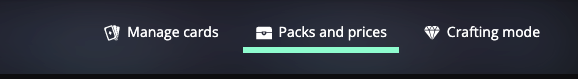 Collection tabs: Manage cards, Packs and prices and Crafting mode