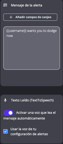 Editor de carta con el mensaje de alerta y el interruptor del texto leído activado