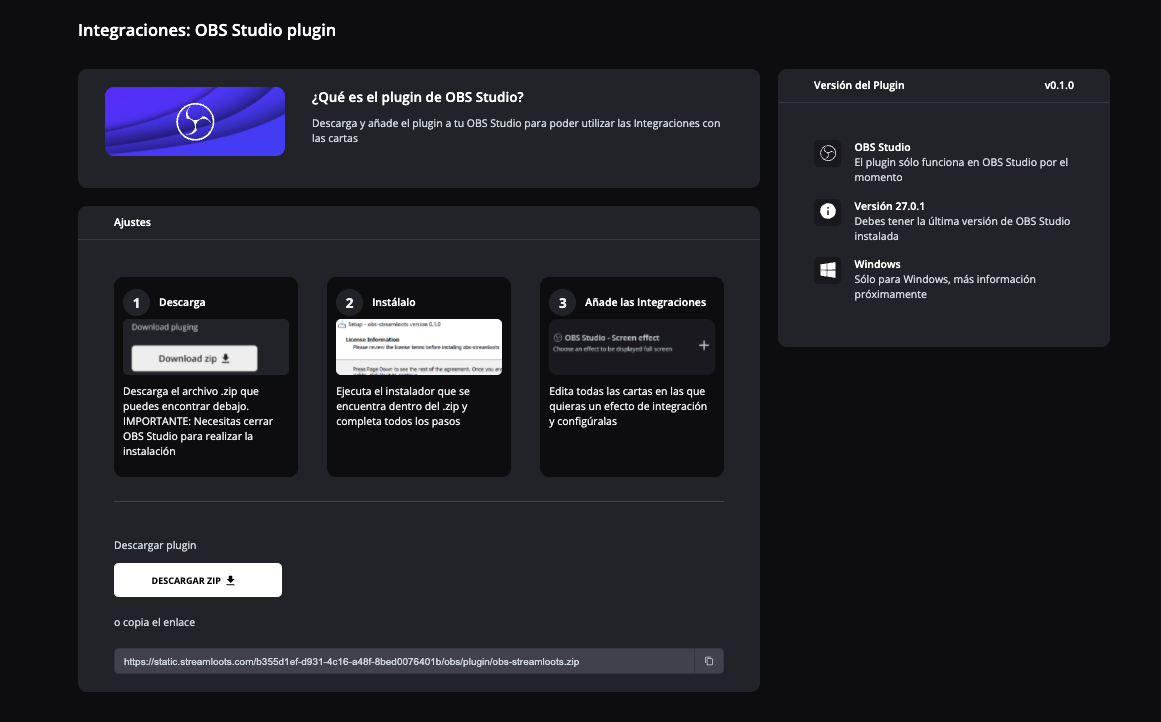 Página del plugin de OBS Studio en Streamloots con los tres pasos (descargar, instalar y añadir las integraciones) y el botón de descarga