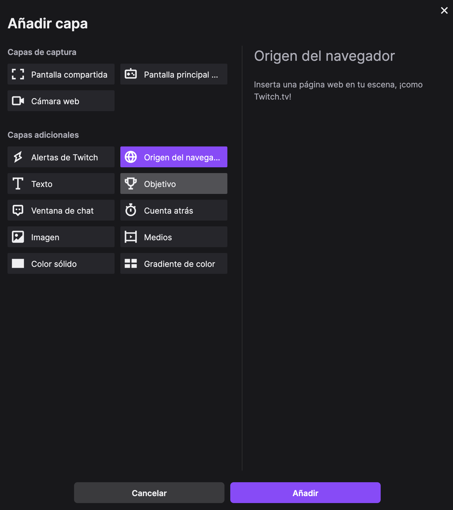 Ventana para añadir una capa en Twitch Studio con Origen del navegador seleccionado