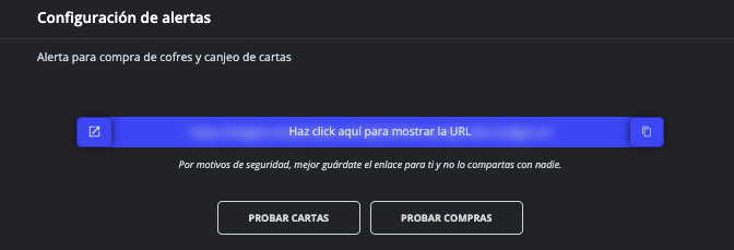 Panel de configuración de alertas con la URL de las alertas y los botones Probar cartas y Probar compras