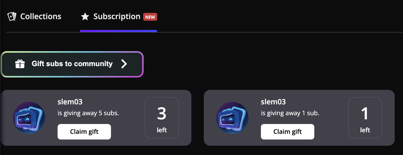 Subscription tab of a streamer's page with two community gifts, one with 3 subscriptions left and one with 1, each with a Claim gift button