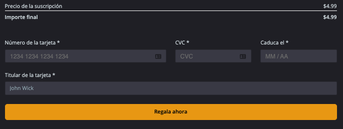 Importe total y datos de pago con el botón Regalar ahora