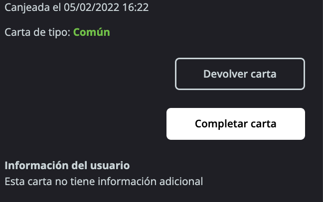 Detalle de una carta canjeada con los botones para devolverla o marcarla como completada