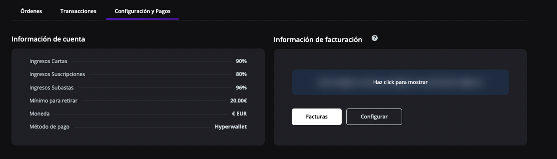 Botón de facturas en los datos de facturación de Configuración y pagos