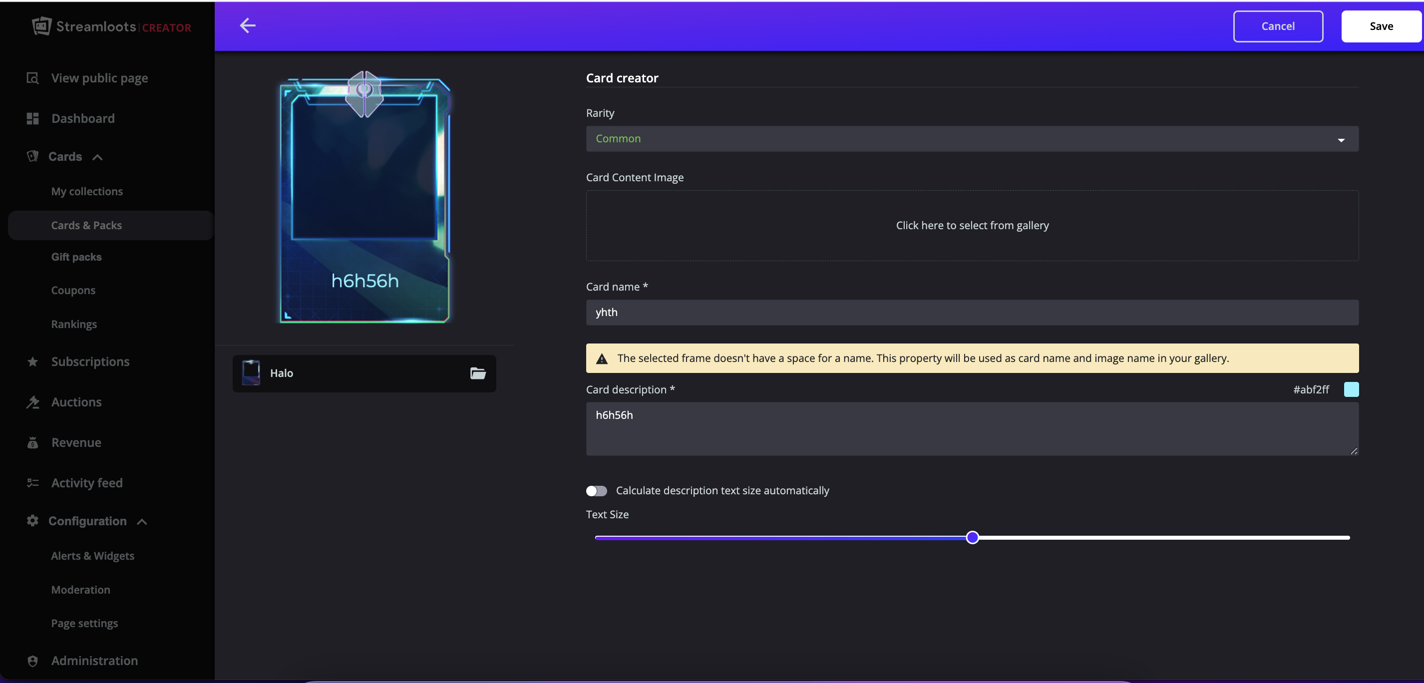 Card creator with a custom image placed inside an existing frame