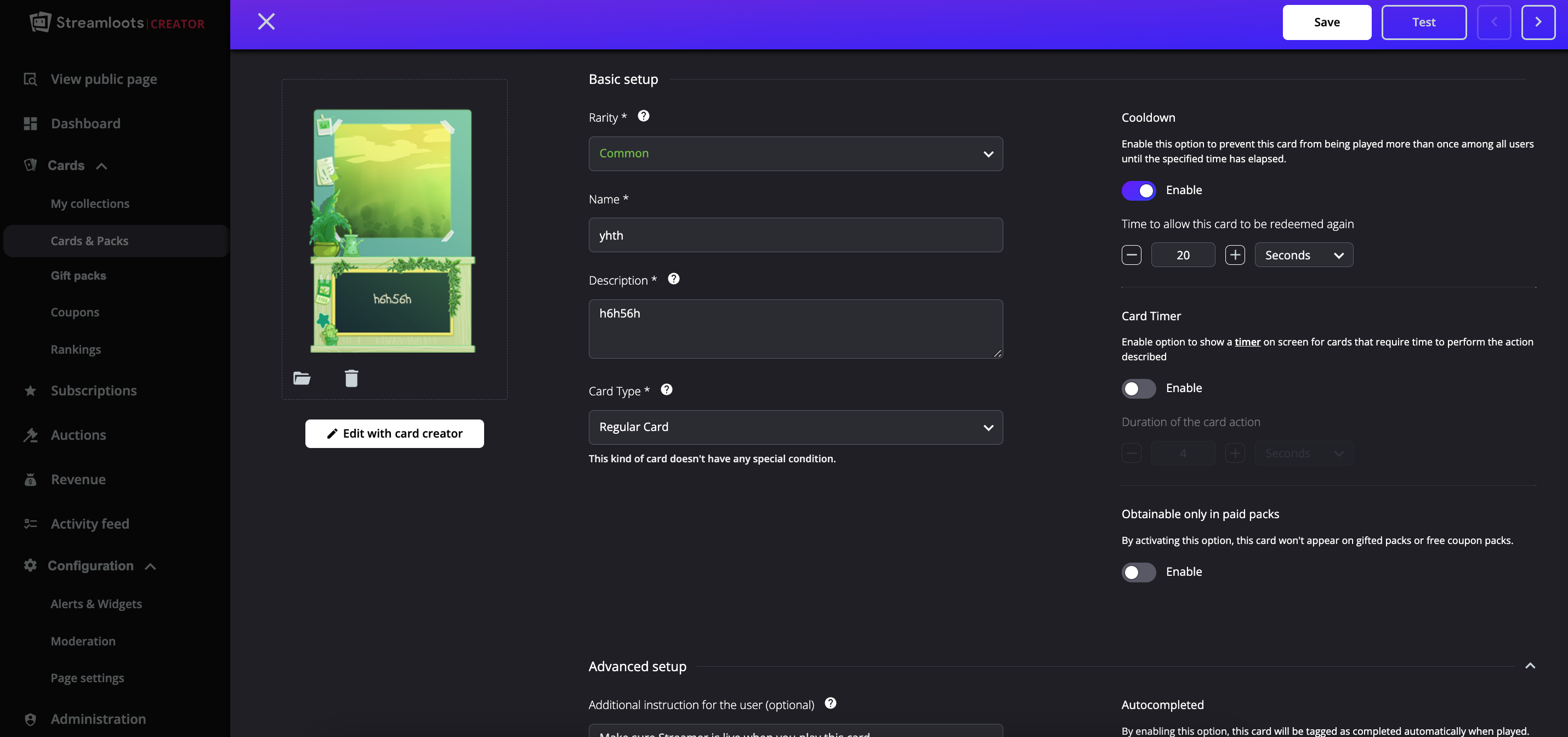 Card creator with the available templates