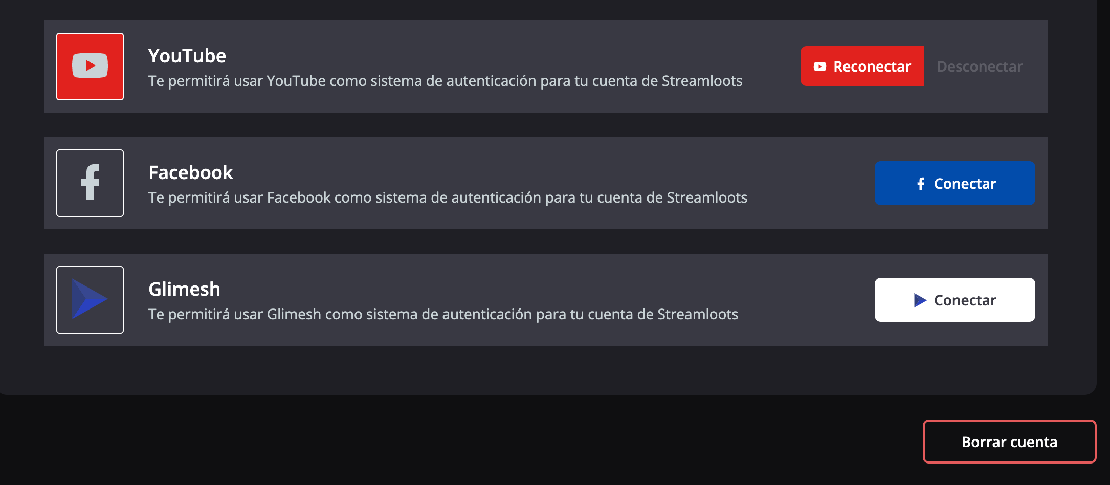 Final de la página de perfil con el botón para borrar la cuenta
