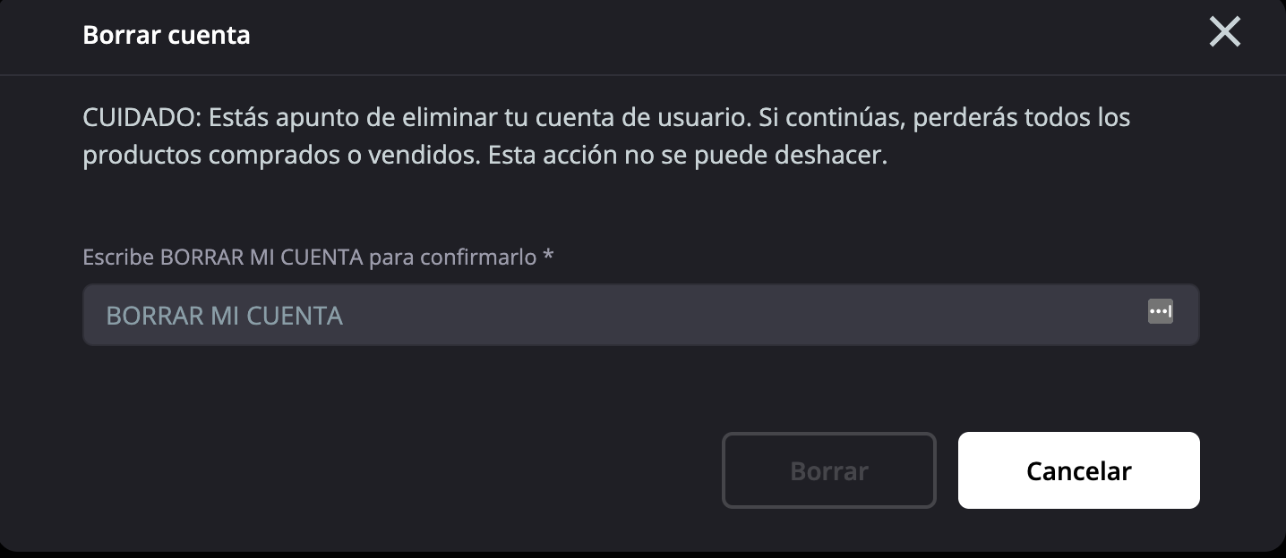 Ventana de borrado de cuenta con un aviso y un campo para escribir la frase de confirmación