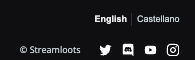 Pie de página de Streamloots con las opciones de idioma English y Castellano