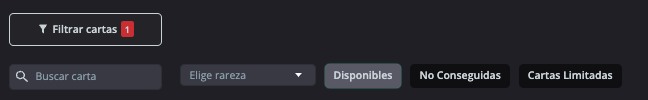 Filtros de cartas con la opción Disponibles seleccionada