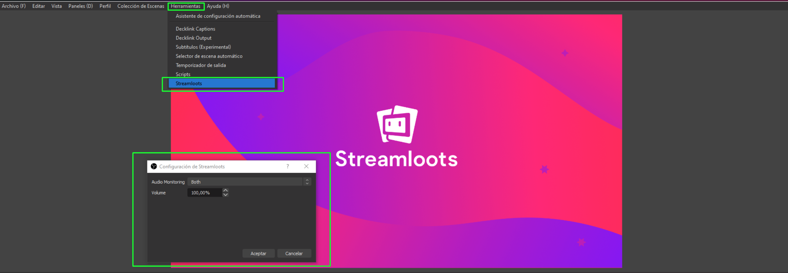 Menú Herramientas de OBS con la opción Streamloots y la ventana de ajustes con la monitorización de audio y el volumen