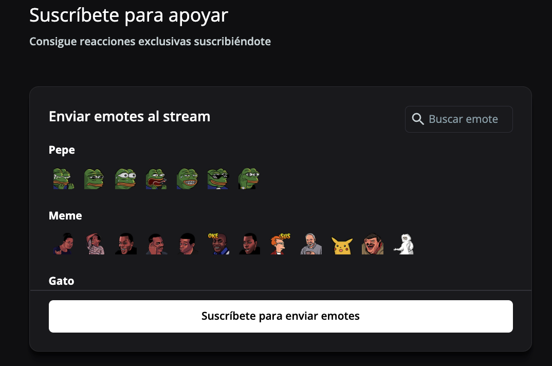 Pestaña de suscripción de la página de un streamer con los emotes disponibles