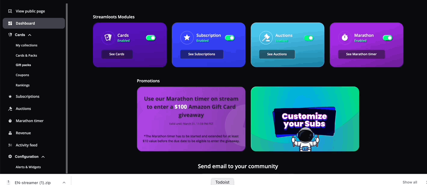 Grabación del Dashboard de creador bajando hasta la sección de imágenes para paneles