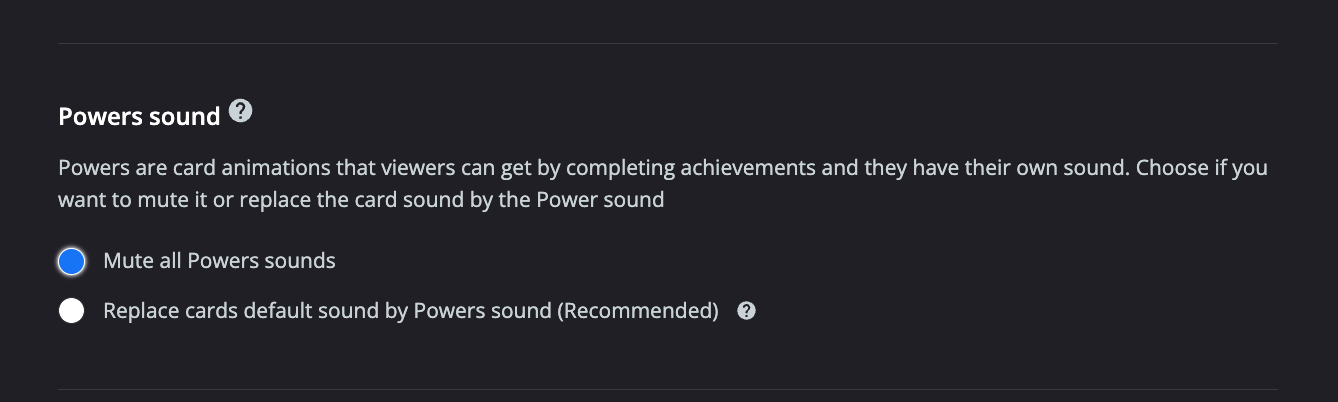 Powers sound settings with the options Mute all Powers sounds and Replace cards default sound by Powers sound
