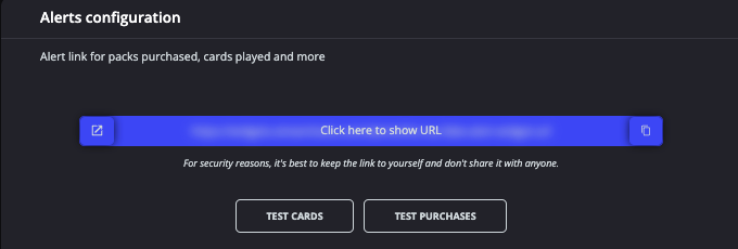Alerts configuration panel with the alerts URL and the Test Cards and Test Purchases buttons