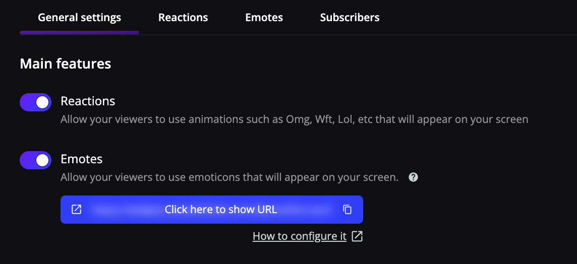 Subscriptions General settings tab with the Reactions and Emotes switches and the emotes URL