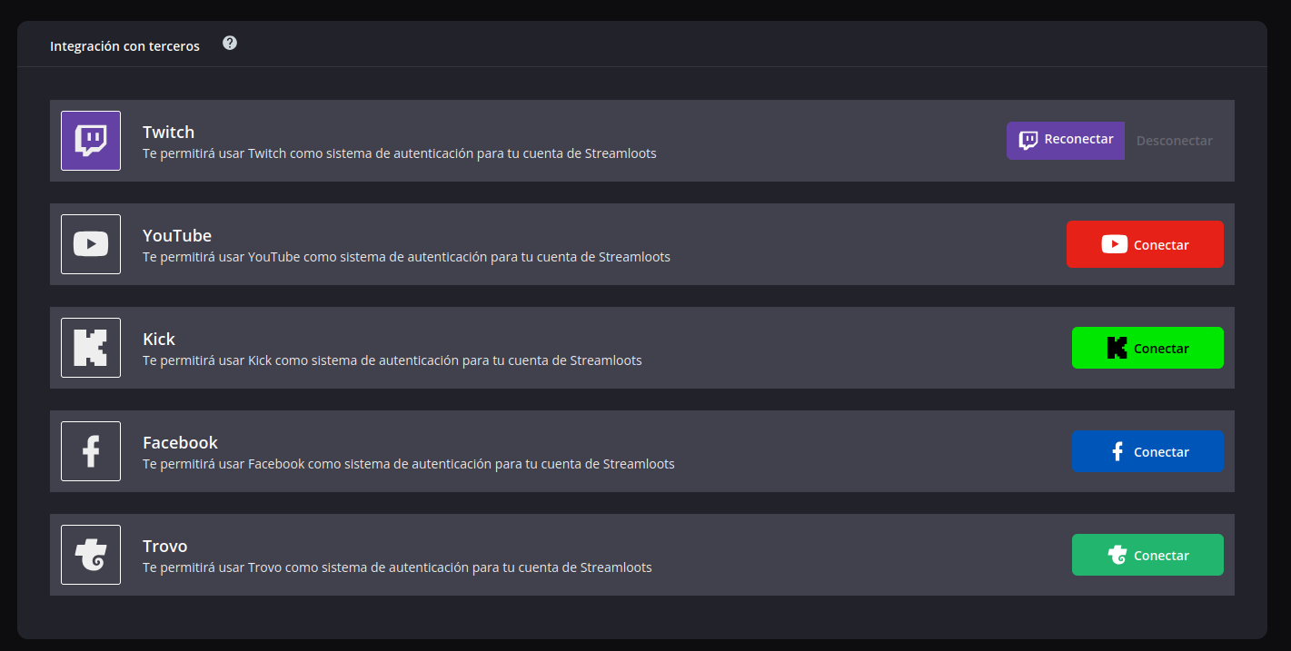 Sección de integraciones con terceros con Twitch conectado y botones para conectar YouTube, Kick, Facebook y Trovo