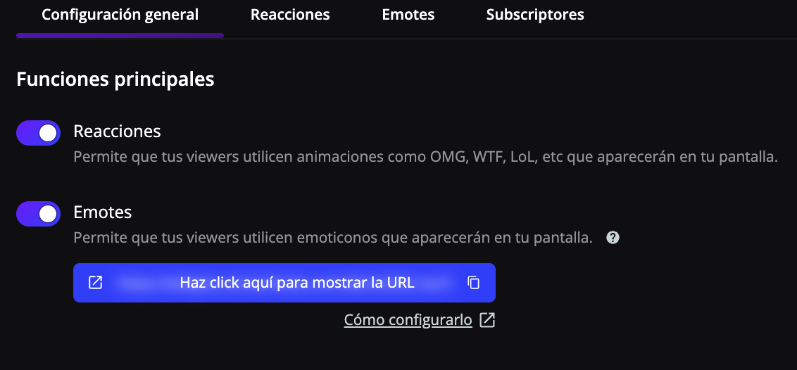 Pestaña Configuración general de Suscripciones con los interruptores de reacciones y emotes y la URL de los emotes