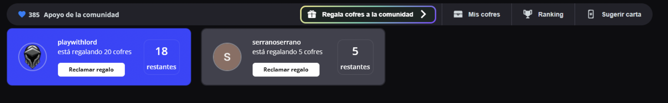 Dos regalos a la comunidad en la página de un streamer, con los cofres que quedan y el botón para reclamarlos