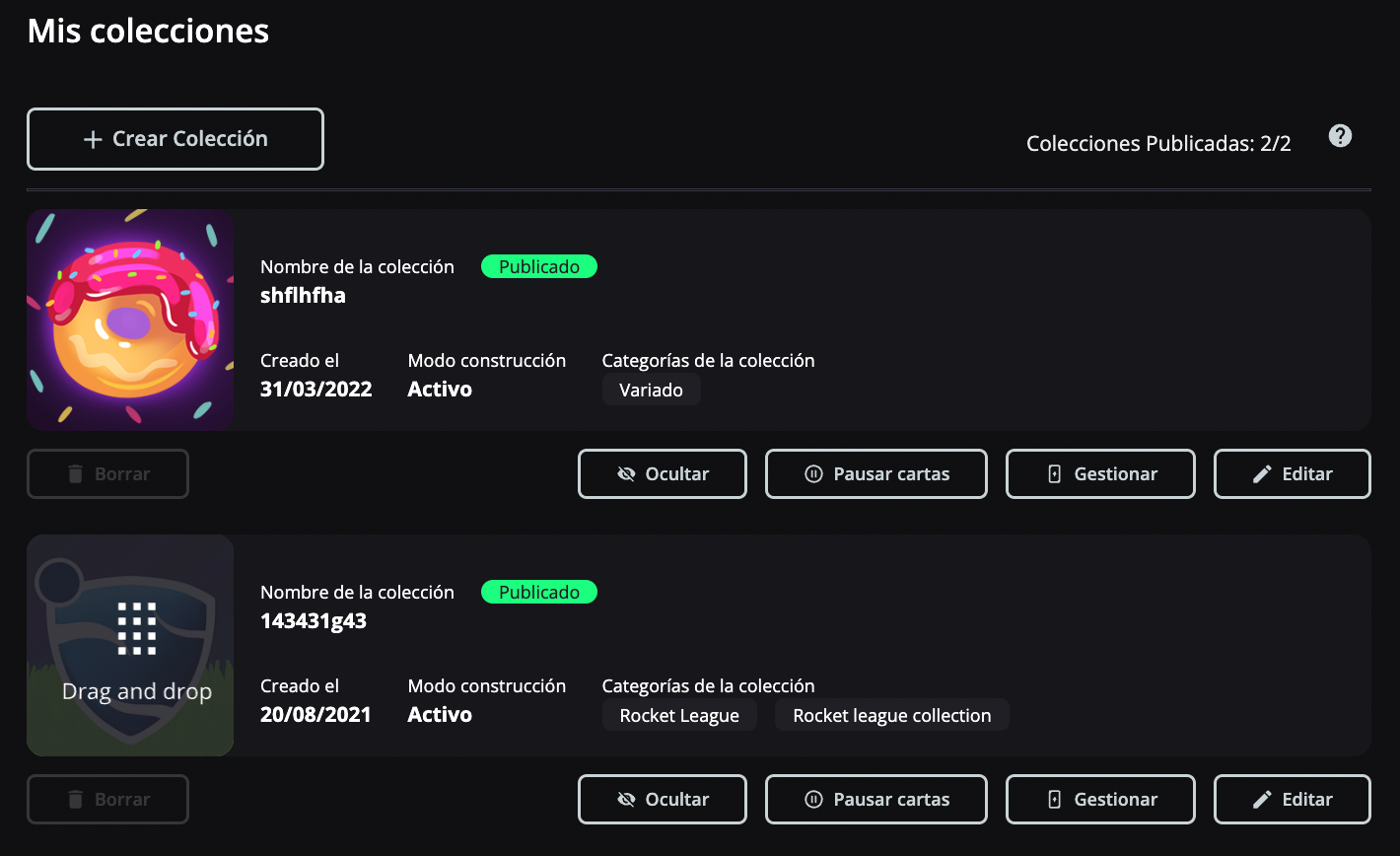 Página Mis colecciones con dos colecciones publicadas, el contador de colecciones publicadas y los botones para ocultar, pausar, gestionar y editar