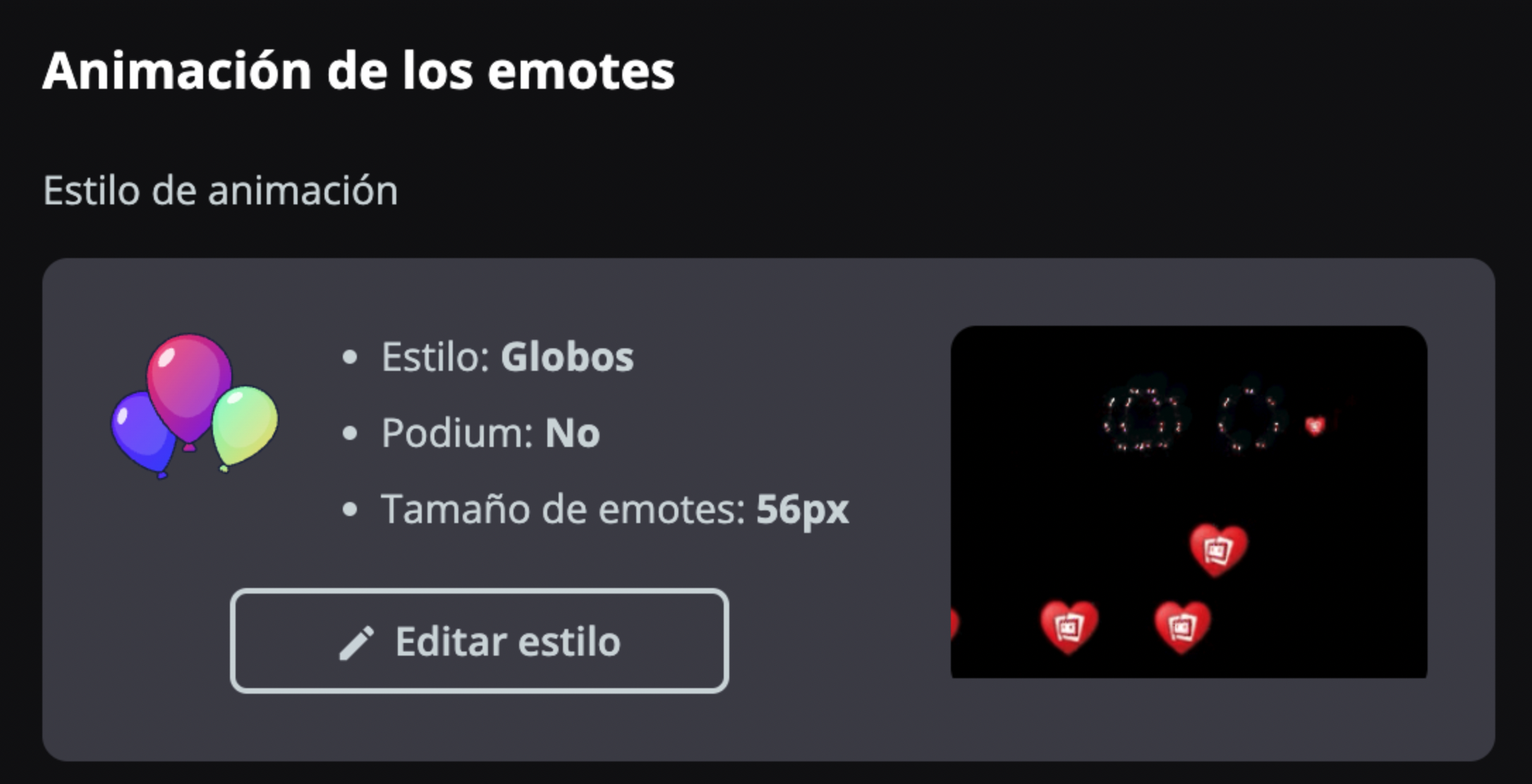 Pestaña de emotes con el botón para editar el estilo de animación