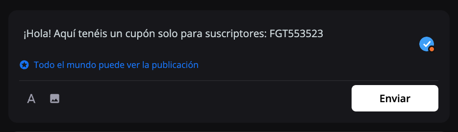 Publicación nueva en el feed con el código del cupón y la visibilidad solo para suscriptores