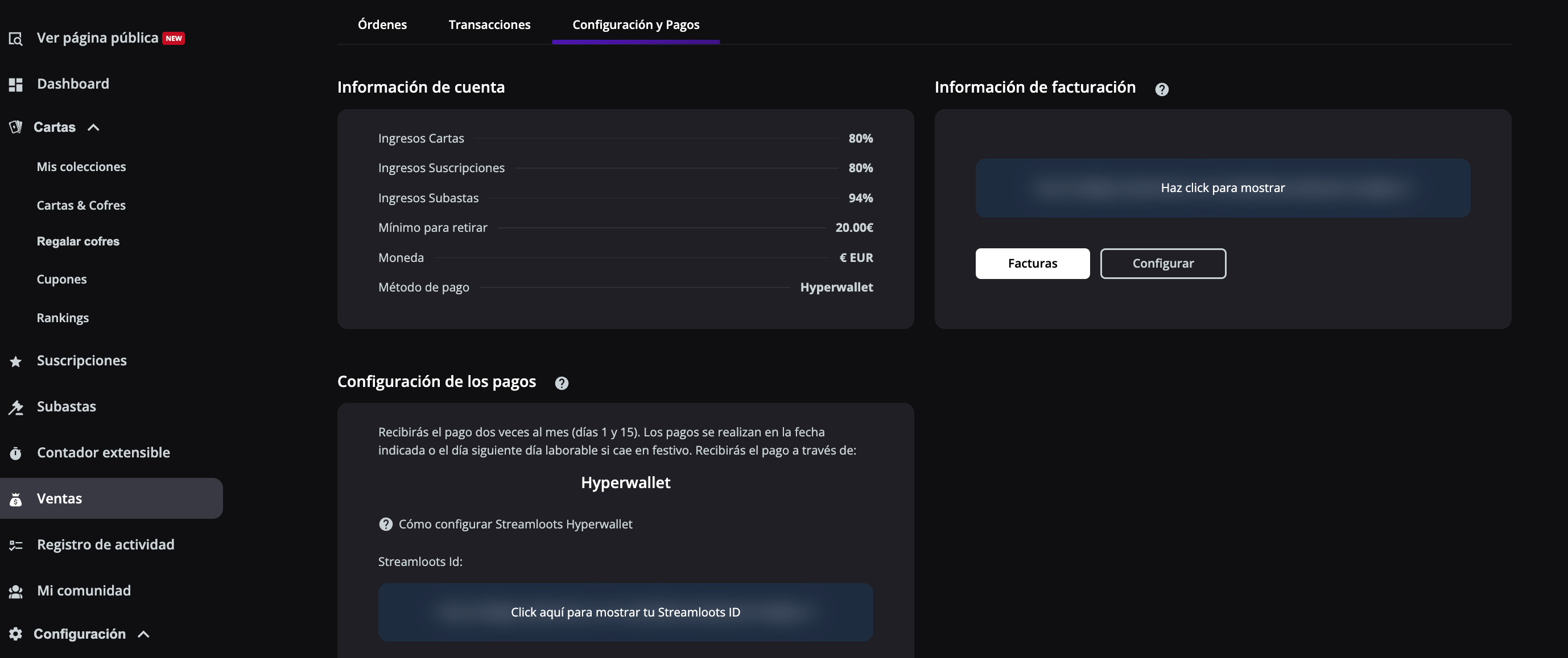 Pestaña Configuración y pagos con la información de la cuenta, los datos de facturación y el botón para mostrar el StreamlootsID